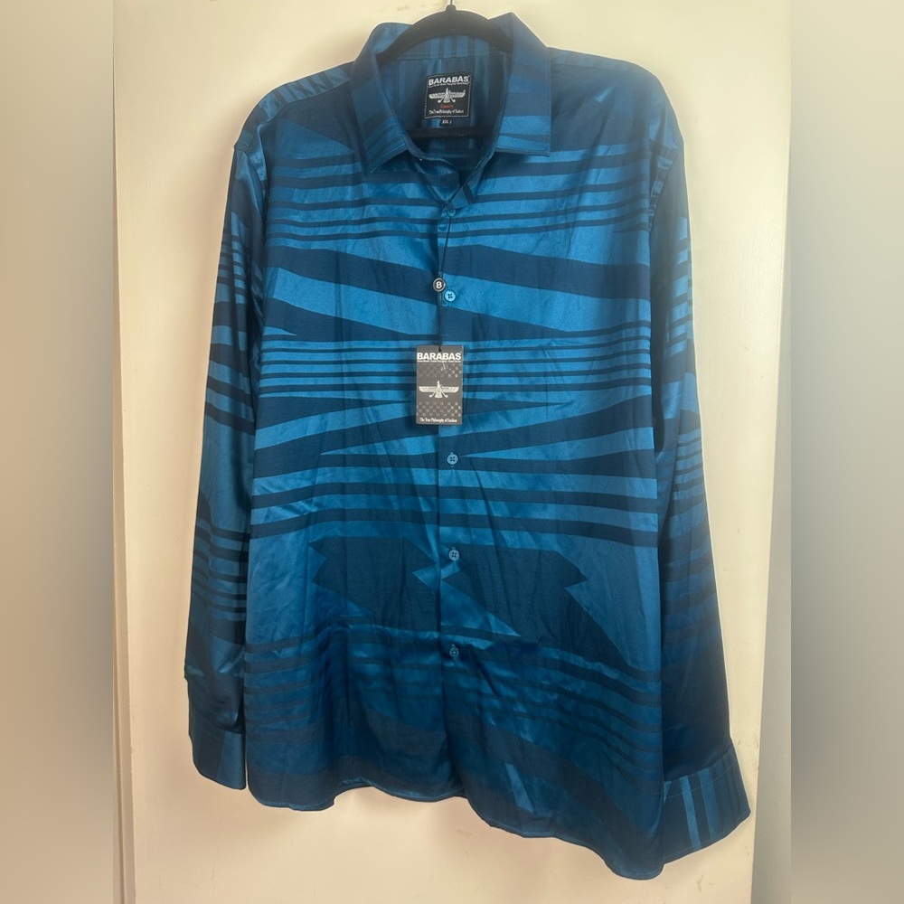 Barabas Two Toned Teal Artsy Geometric LongSleeve ButtonDown Dress Shirt NWT XXL